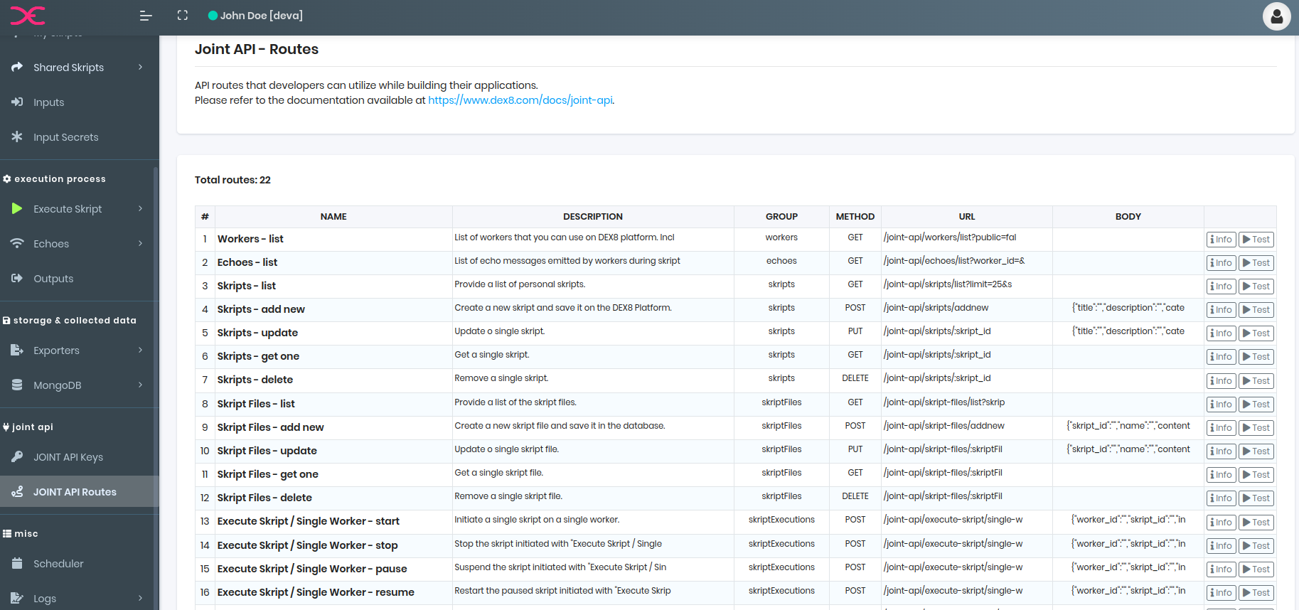 DEX8 Web Panel - Joint API - List Routes