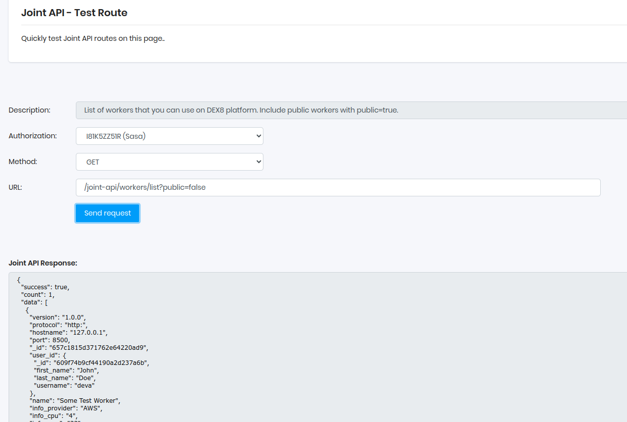 DEX8 Web Panel - Joint API - Test Route